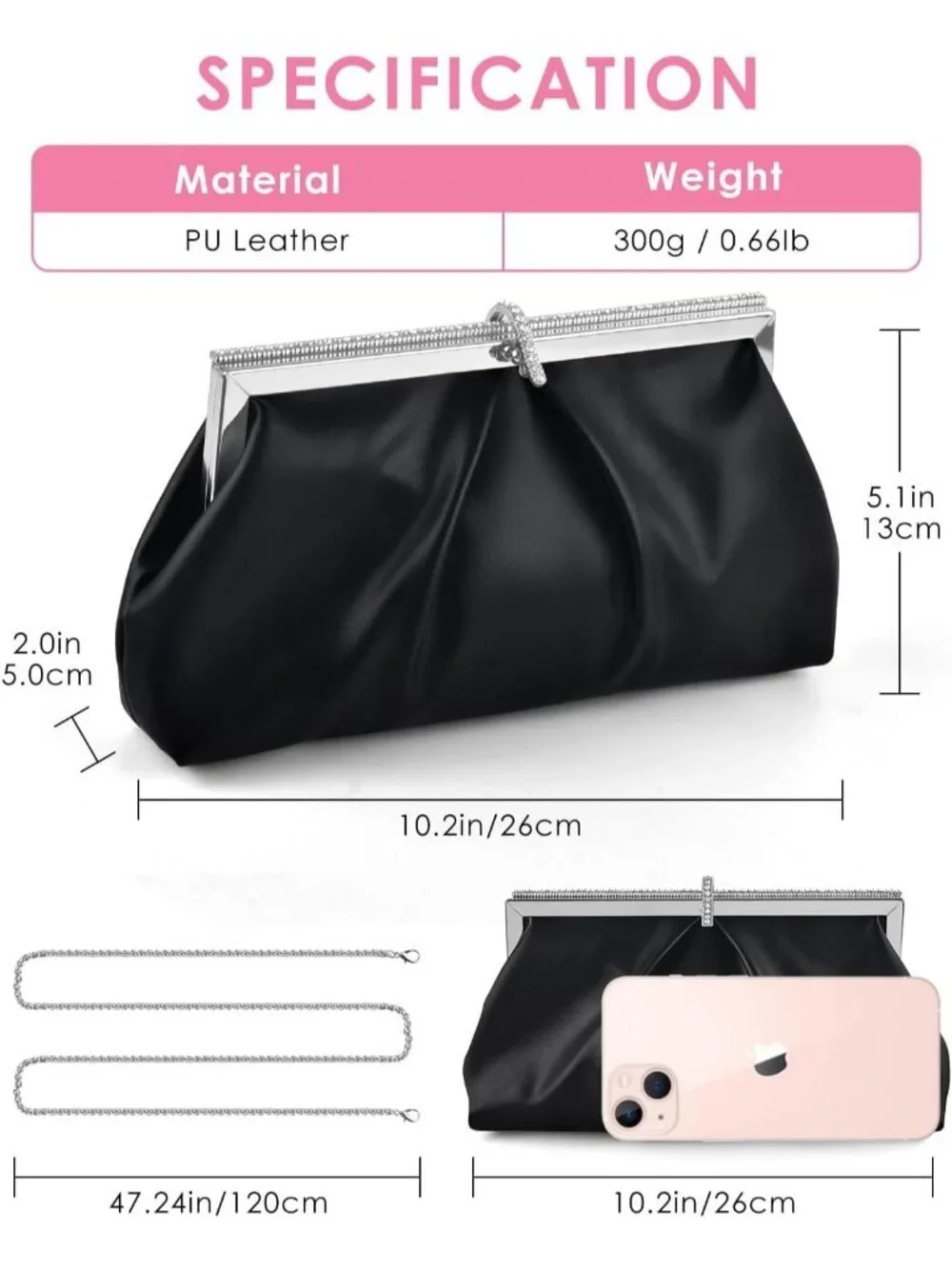 Women's Black Pu Leather Clutch Purse For Formal Evening Shoulder Party Bag